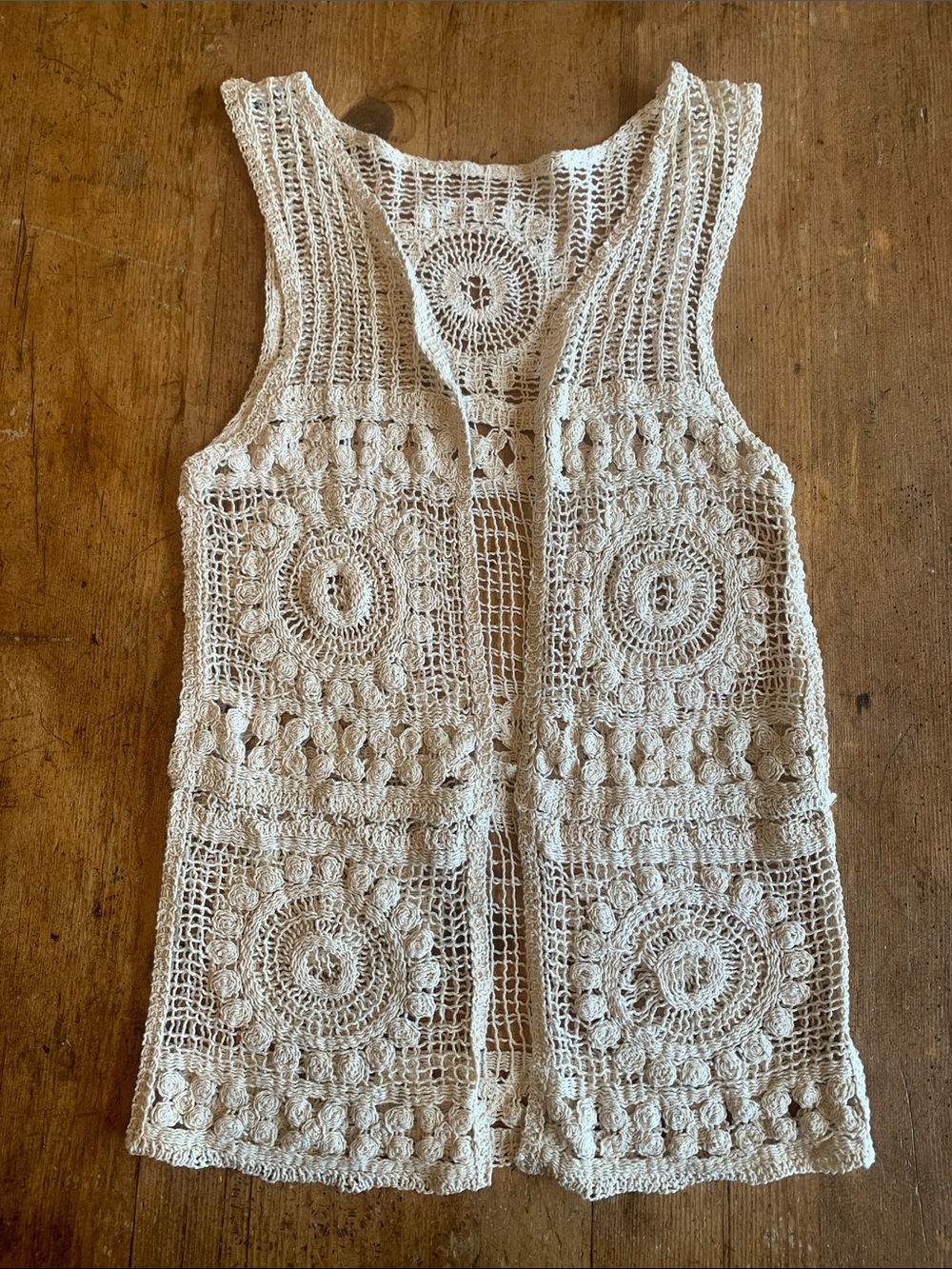 Crochet Open-Front Vest Cardigan — Cream Sleeveless